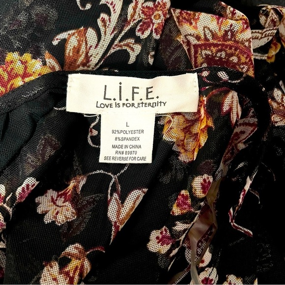 L.I.F.E Love Is For Eternity Large Blk Floral Chiffon Duster Kimono Translucent - Picture 9 of 10